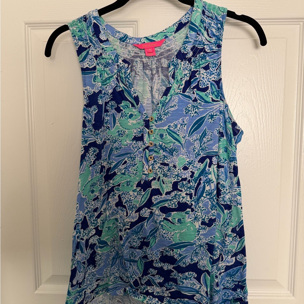 Lilly Pulitzer Sleeveless Button Front Top | Blue Green Print | Size M